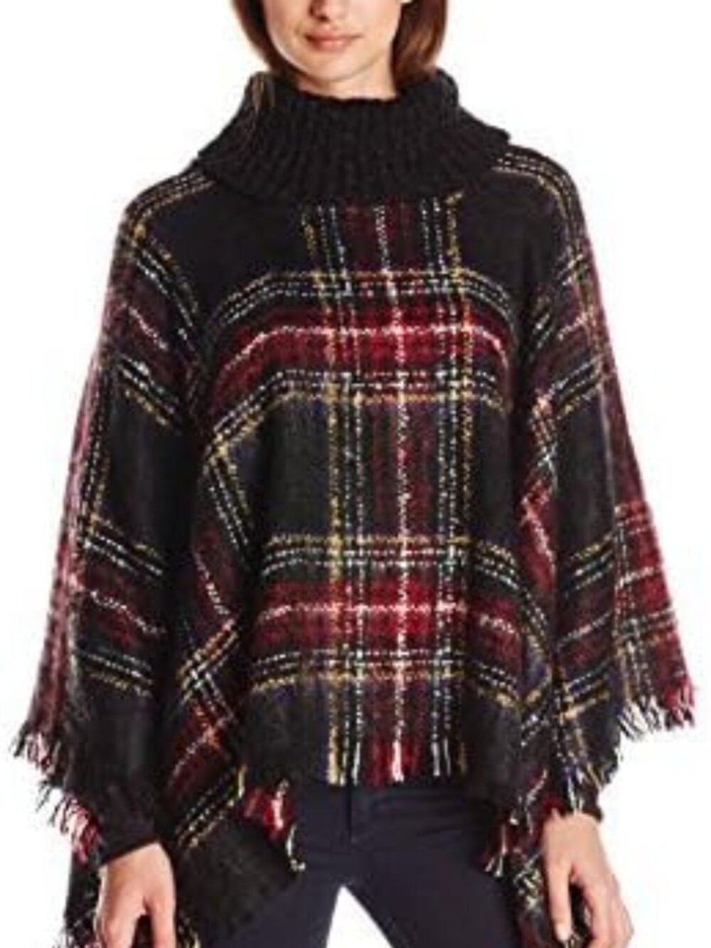 NWT Steve Madden Black Plaid Turtleneck Sweater Poncho